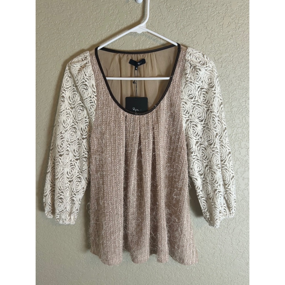 Ryu Blouse Womens Small Tan Lace Eyelash Texture Sheer Back RT5606-F13